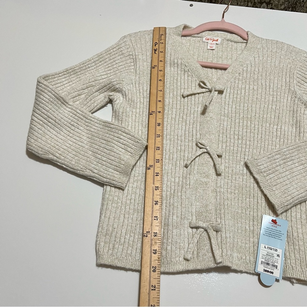 NWT Cat & Jack Girl's Ribbed Bow V-Neck Cardigan- Cream L (10/12) - Picture 4 of 8